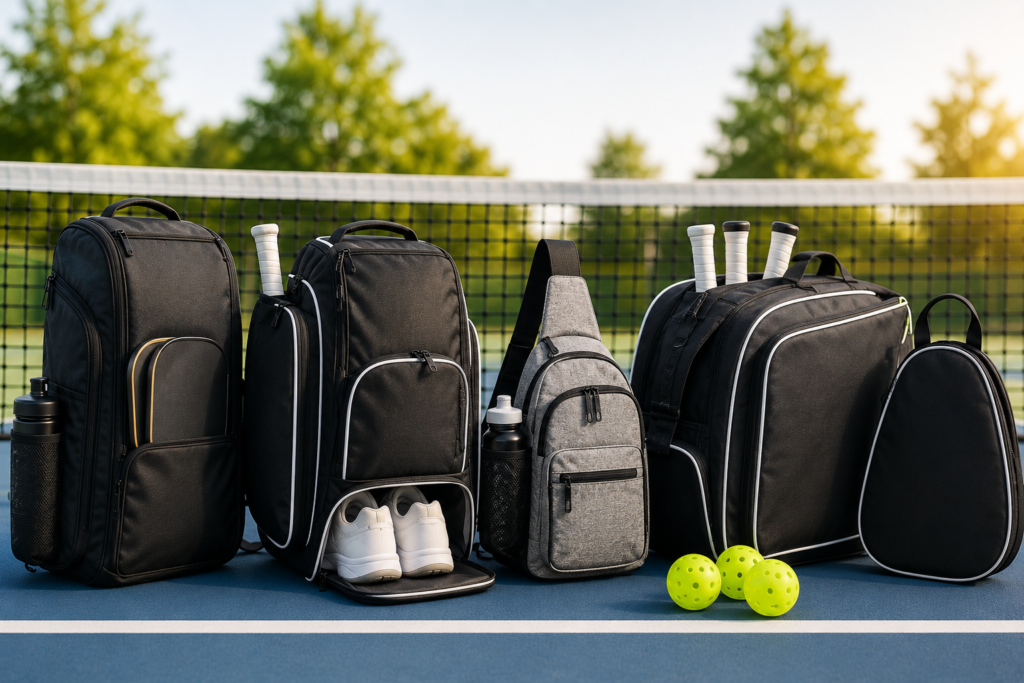 Best pickleball bags including backpacks, sling bags, paddle bags, and tournament bags on a pickleball court