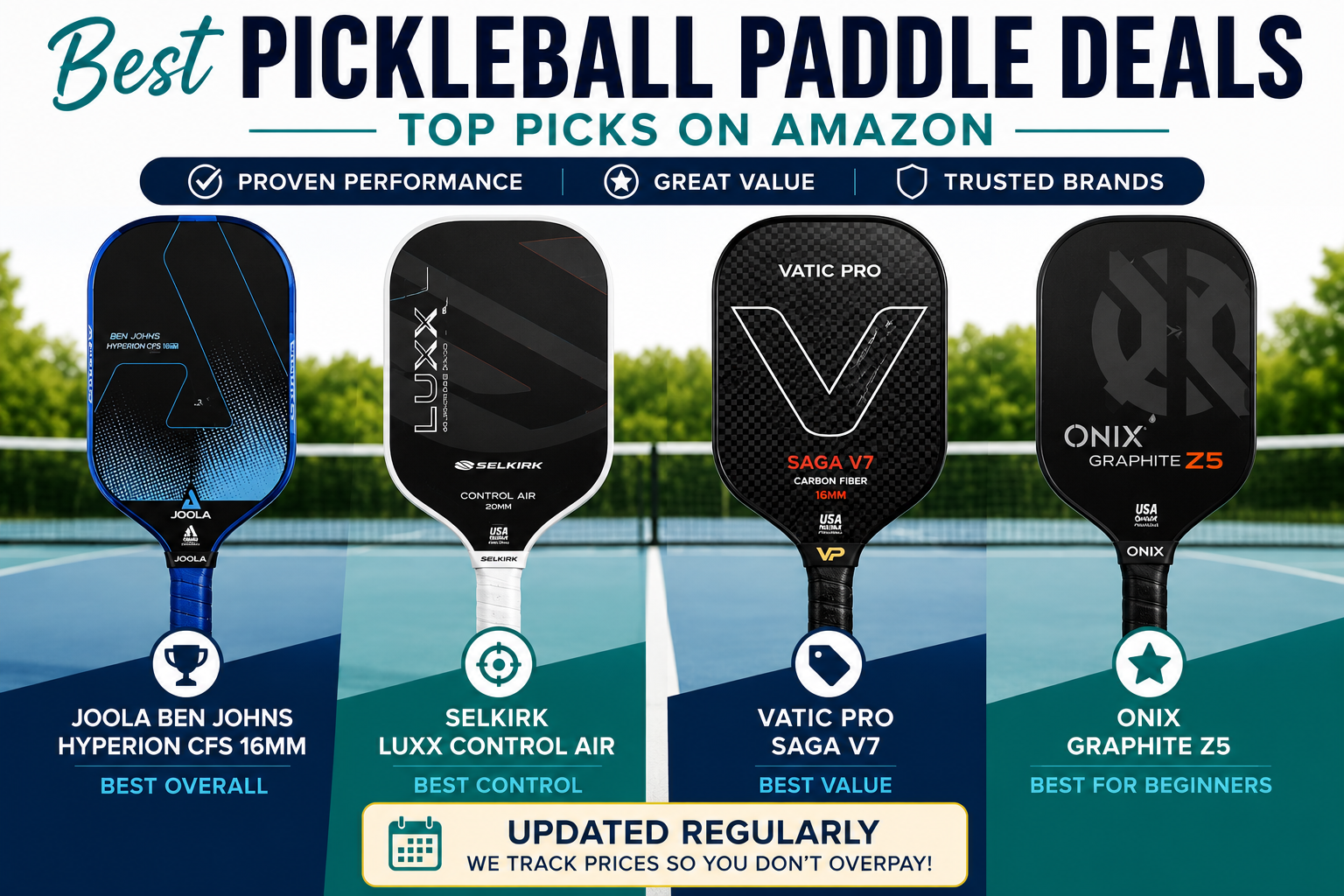 Collage of the best pickleball paddle deals on Amazon featuring the JOOLA Ben Johns Hyperion CFS 16mm, Selkirk LUXX Control Air, Vatic Pro Saga V7, and ONIX Graphite Z5.