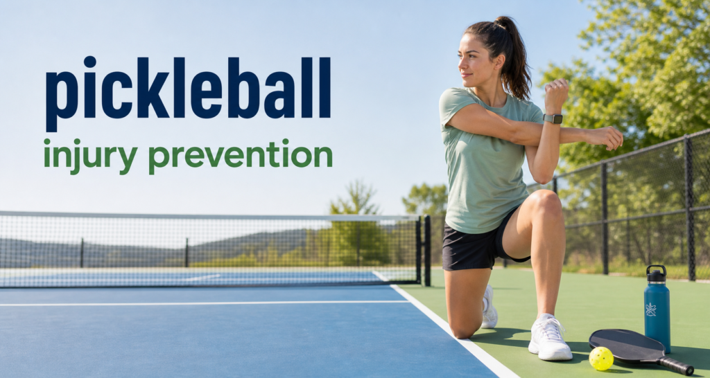 Pickleball injury prevention warm-up on an outdoor court with paddle, shoes, and water bottle