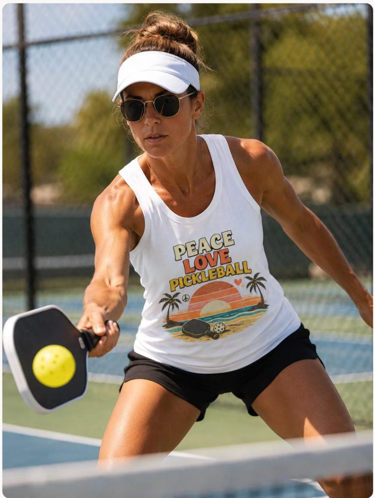 Woman playing pickleball wearing a white Peace Love Pickleball tank top with a retro beach sunset graphic on an outdoor pickleball court.