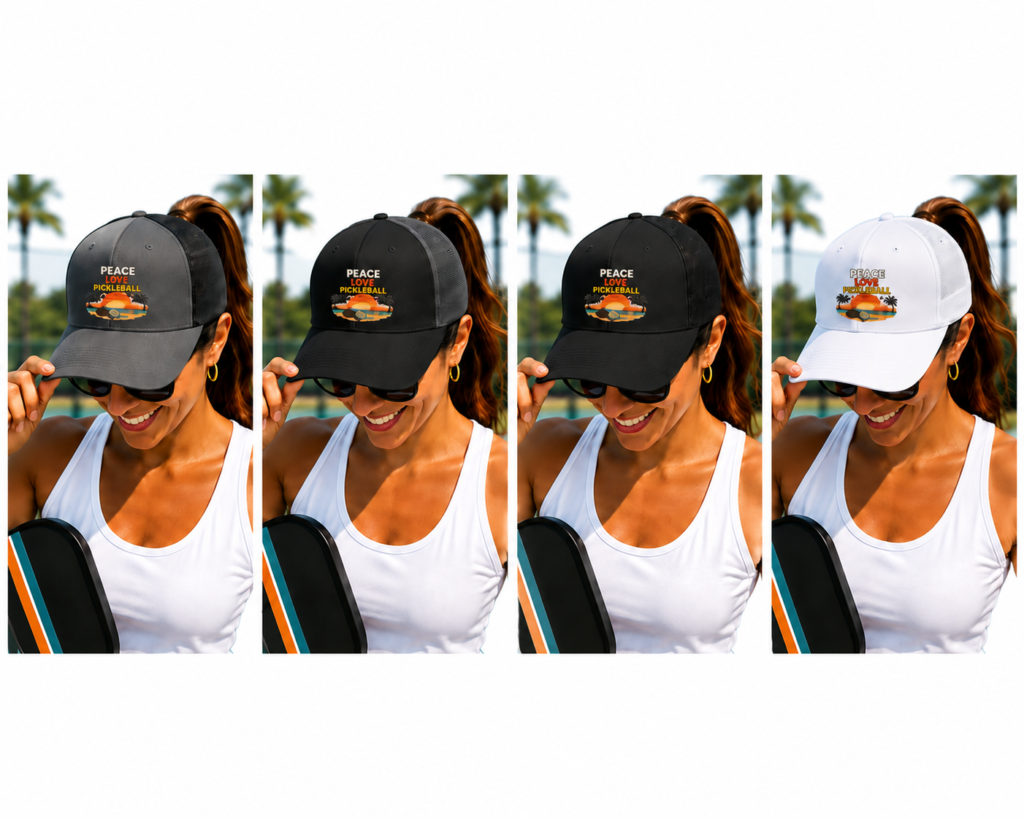 Peace Love Pickleball trucker hats available in charcoal black, black charcoal, black, and white with a retro coastal pickleball design.