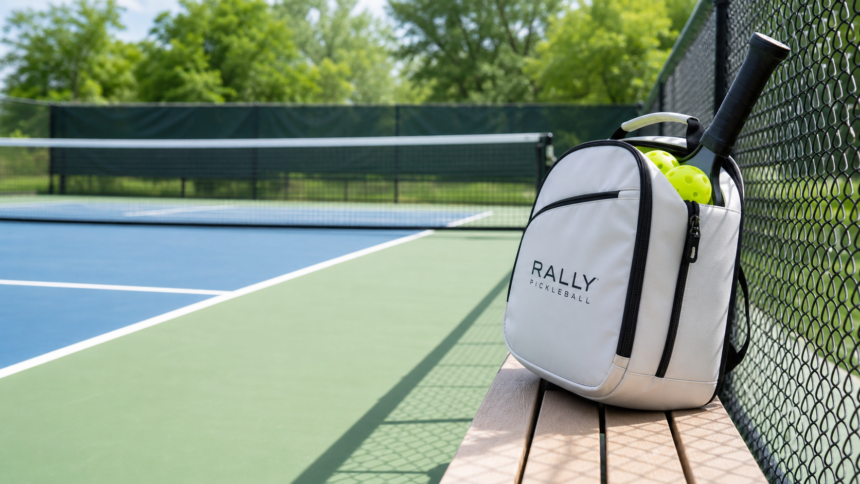 White pickleball bag on a bench beside an outdoor court fence with paddle and pickleballs visible