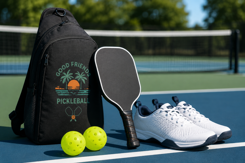 pickleball gear for beginners including paddle balls shoes and bag on an outdoor court