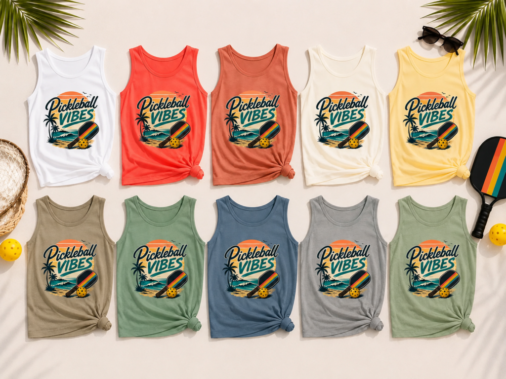 Available colors for Pickleball Vibes women's pickleball tank tops featuring a retro coastal pickleball design.