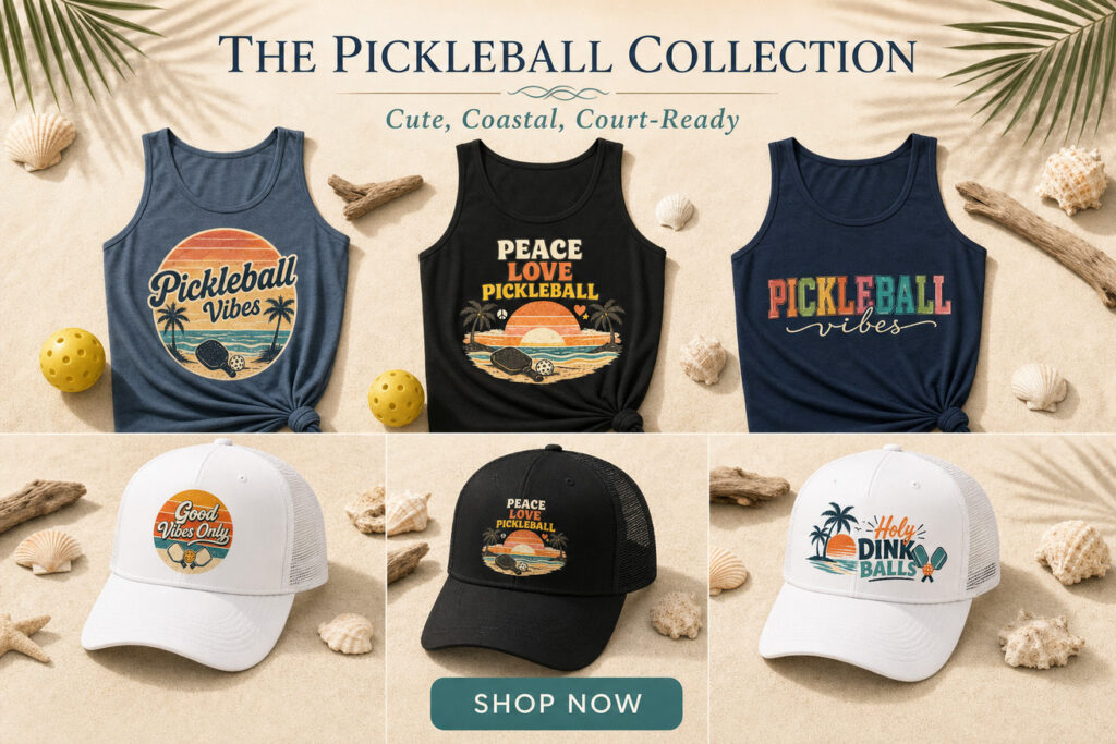 Flat-lay collection of pickleball apparel including three tank tops (Pickleball Vibes retro sunset, Peace Love Pickleball, and colorful block-letter Pickleball Vibes) and three trucker hats (Good Vibes Only, Peace Love Pickleball, Holy Dink Balls) on a coastal beach background.