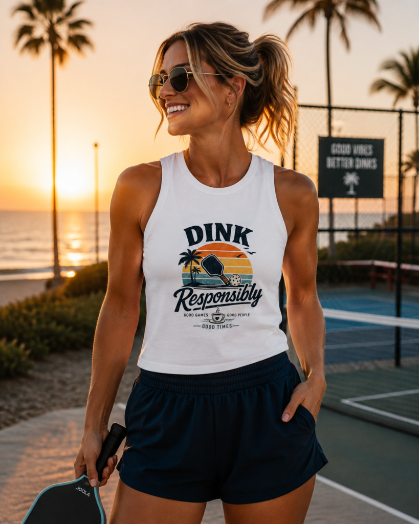 Woman wearing a white “Dink Responsibly” pickleball tank top on a sunset outdoor pickleball court.