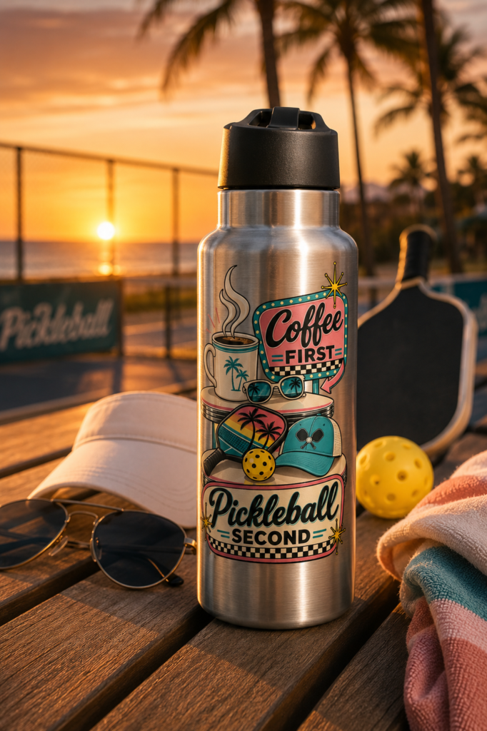 Lifestyle image featuring a white “Dink Responsibly” pickleball tumbler with a paddle, yellow pickleball, sunglasses, and tropical court setting at sunset.