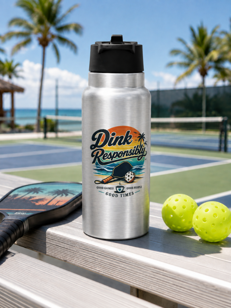 Silver “Dink Responsibly” pickleball water bottle beside a paddle and yellow pickleballs on a sunny outdoor court.