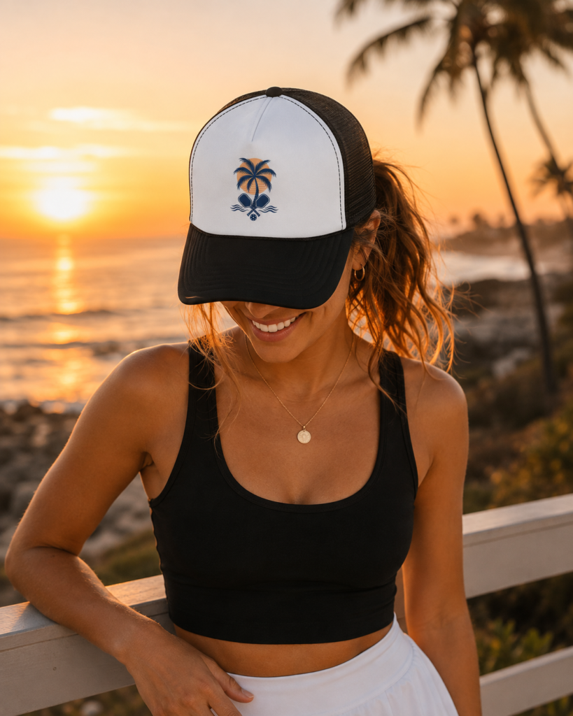 Woman wearing a black and white coastal pickleball trucker hat at sunset near the beach.