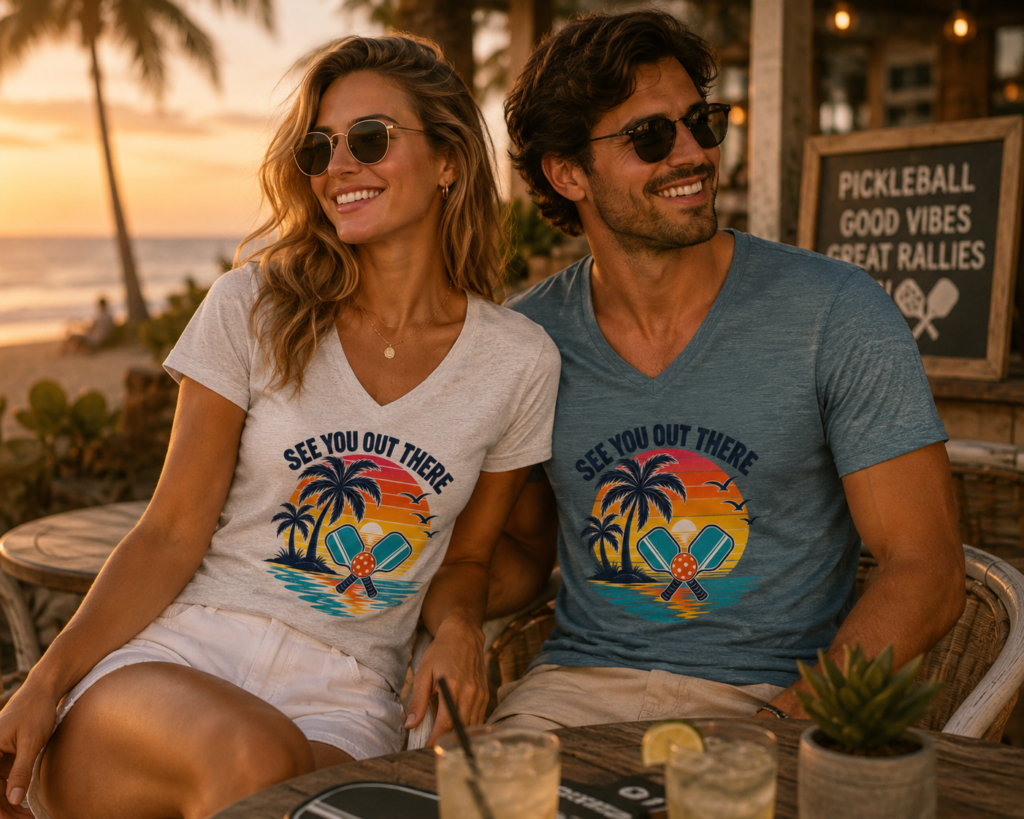 Couple wearing matching coastal pickleball graphic T-shirts at a beachside café during sunset.
