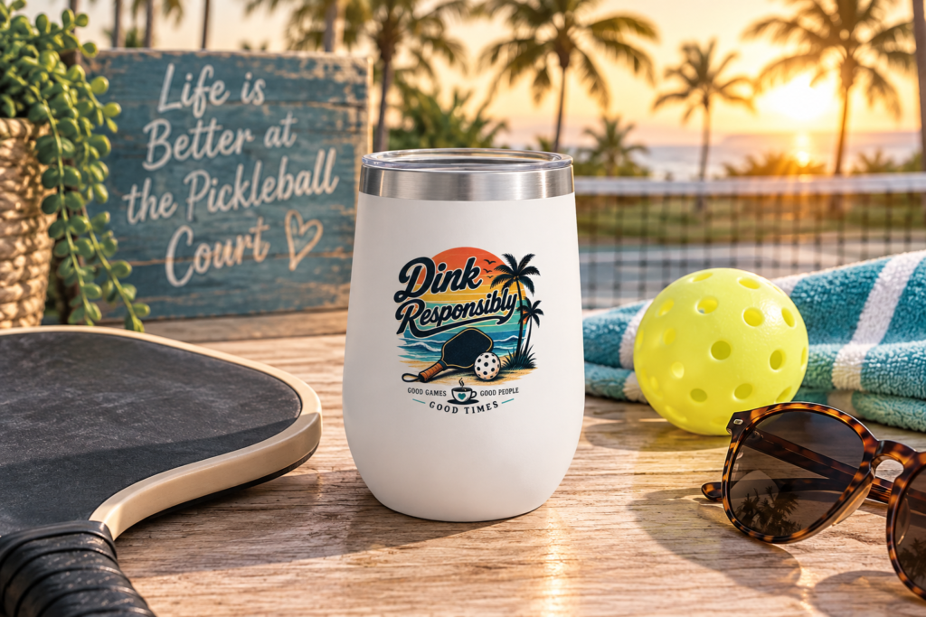 White “Dink Responsibly” pickleball tumbler beside a pickleball paddle and yellow ball on a sunny coastal court.