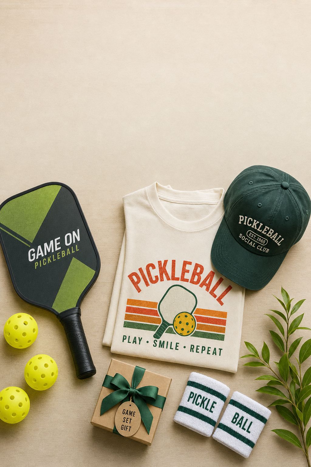 23 best pickleball gifts flat lay with paddle, balls, apparel, and accessories